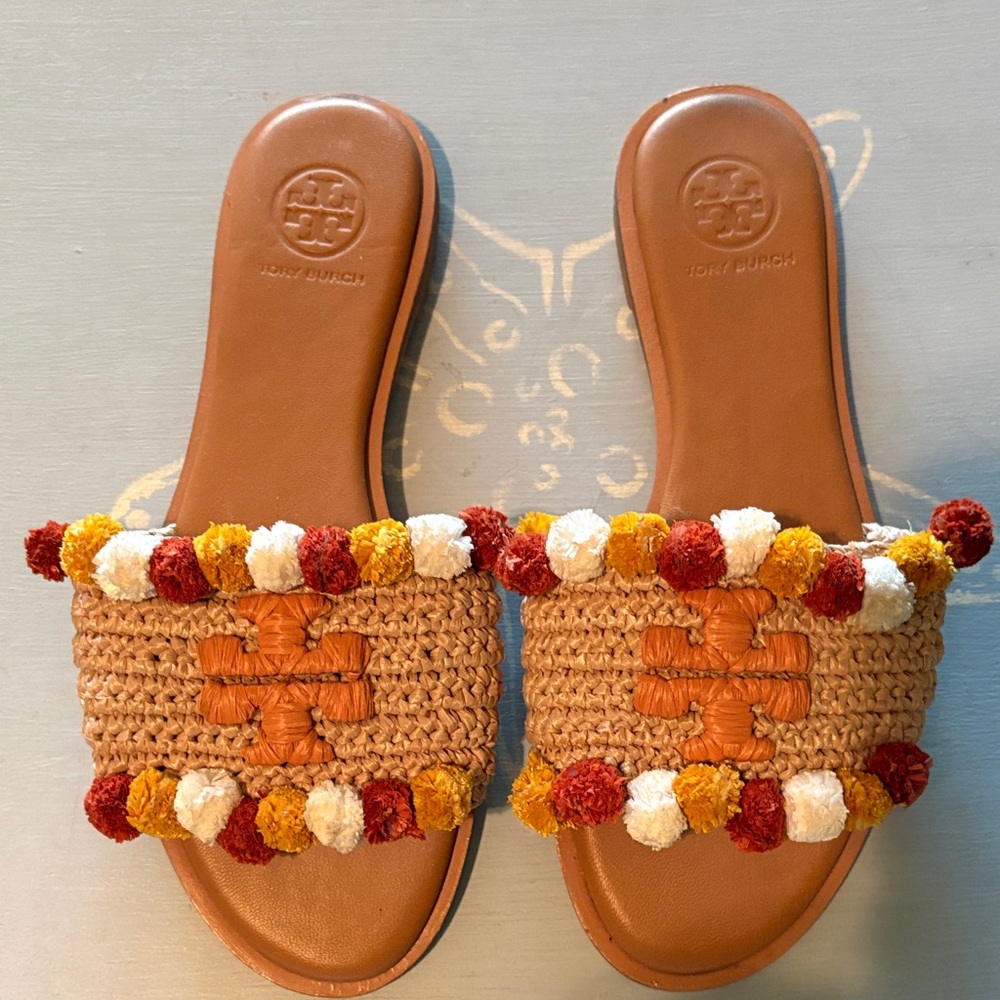 Tory Burch Tan Pom Pom Slides
